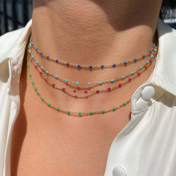 Vibrant Minimalist Beaded Necklace with Gold Chain – Available in Green, Blue, Pink, and Turquoise