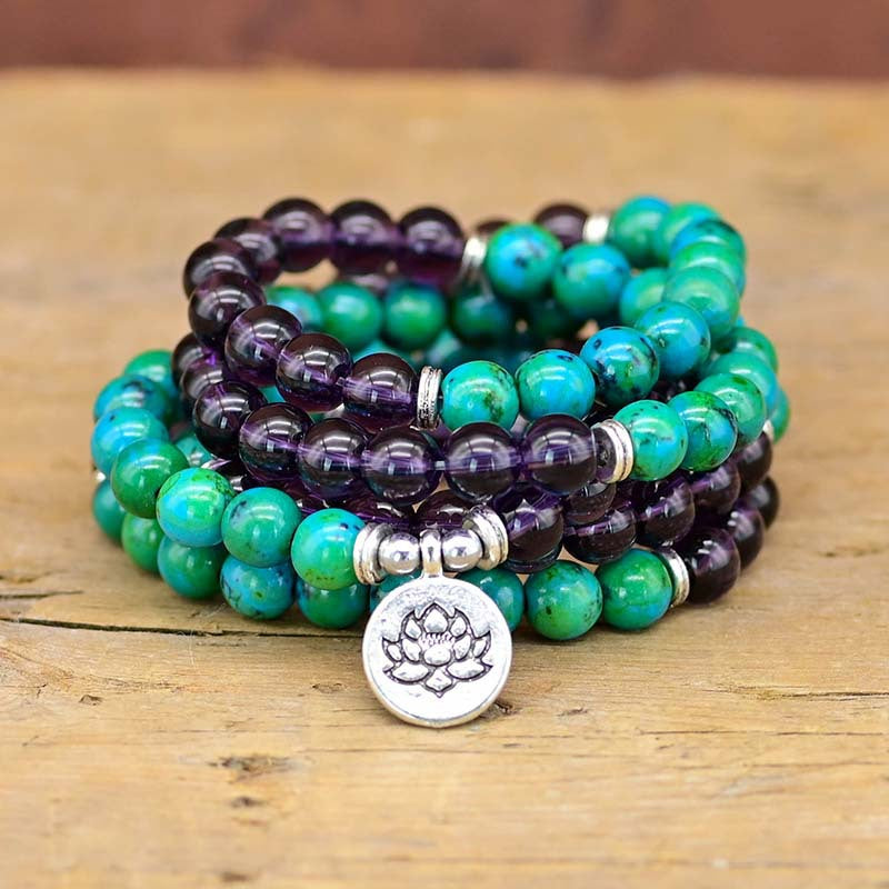 Amethyst and Turquoise Lotus Charm Healing Bead Necklace