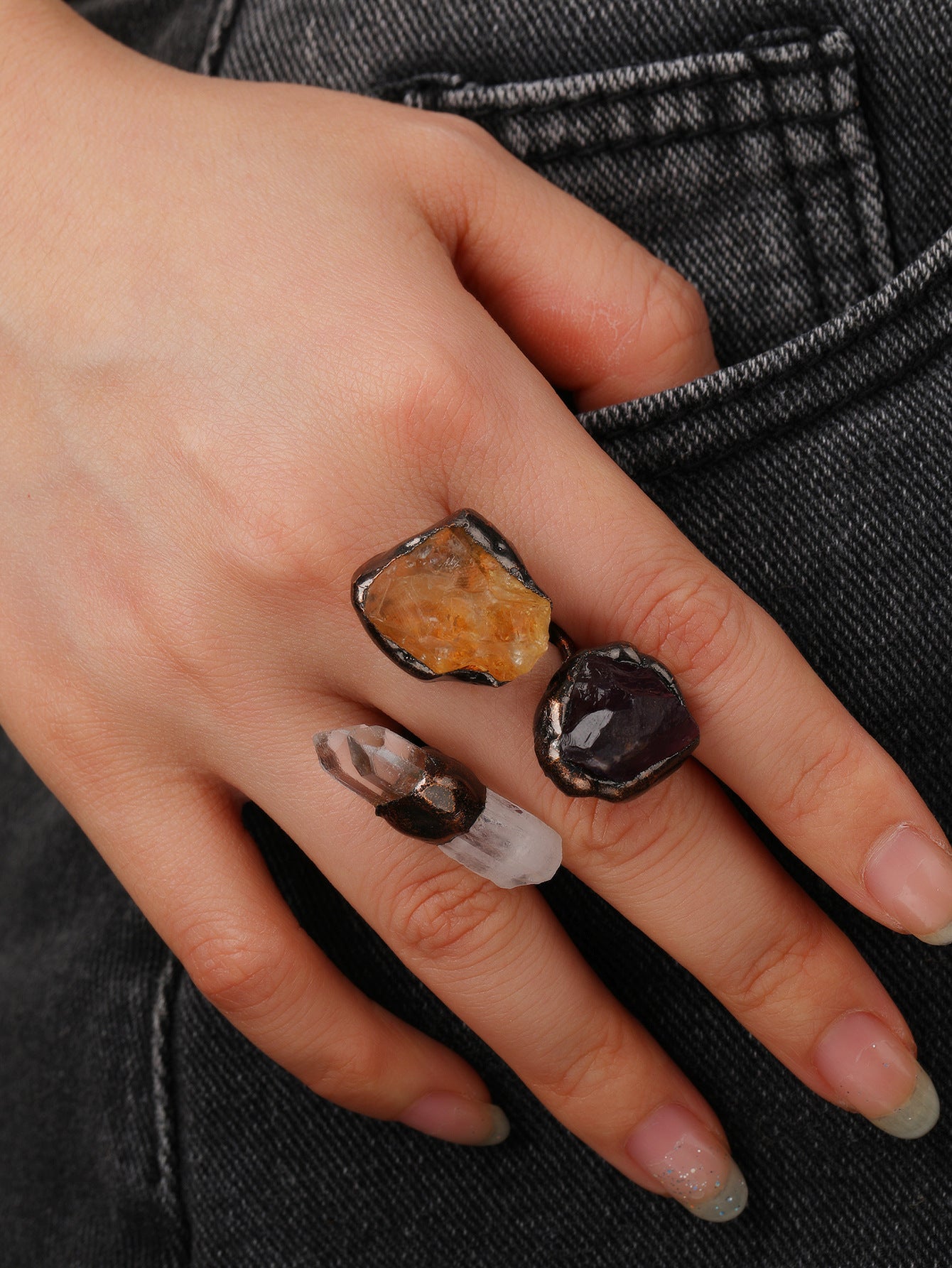 Triple Stone Raw Crystal Rings with Green Fluorite, Orange Citrine, and Clear Quartz for Healing, Clarity, and Energy Amplification