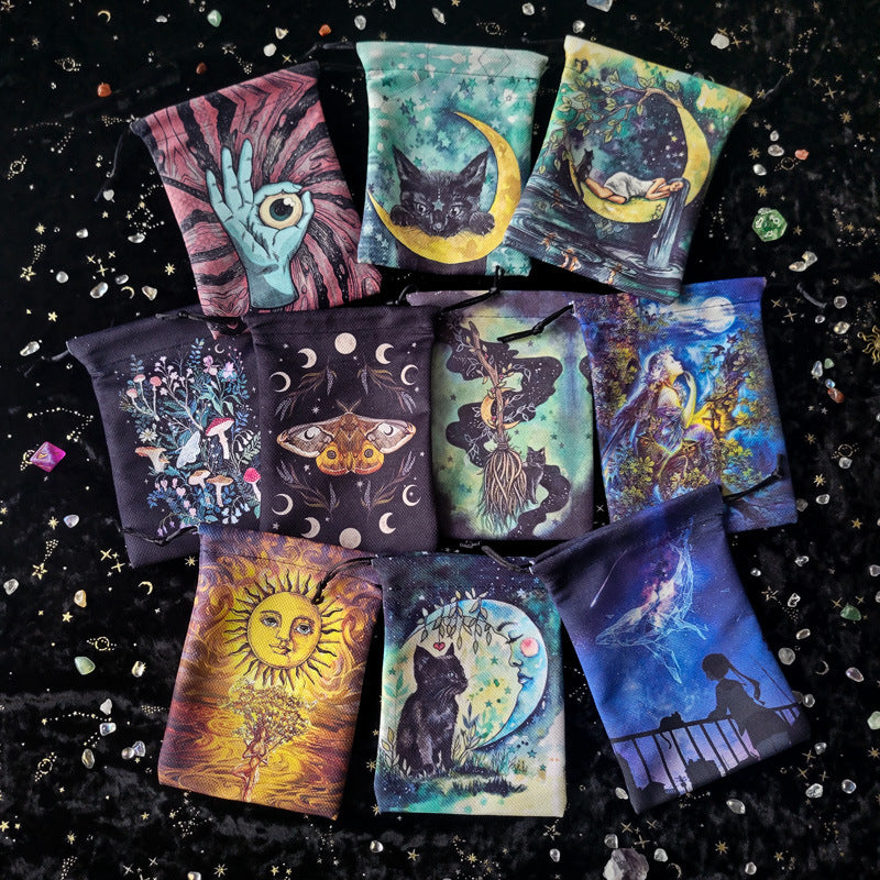 Mystical Art Tarot and Rune Crystal Pouch Set – Cosmic Design Drawstring Bags for Spiritual Tools and Tarot Decks