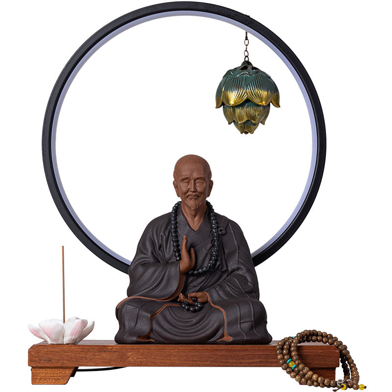 Zen Master LED Incense Burner – Enlightenment Backflow Holder with Meditative Monk Figurine and Lotus Lantern Decor