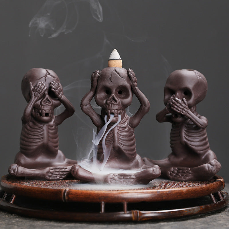 Three Wise Skulls Backflow Incense Burner - Unique Spiritual Decor with See No Evil, Hear No Evil, Speak No Evil Design