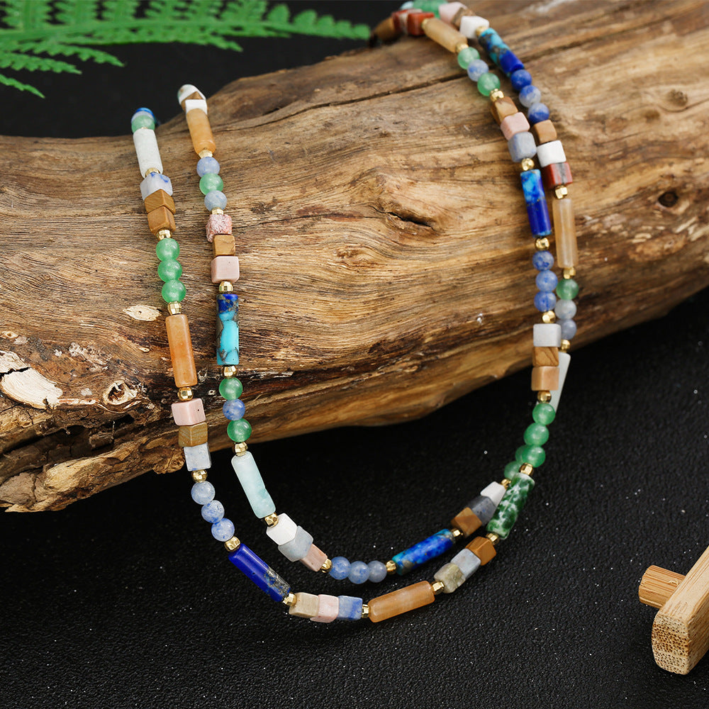 Colorful Multi-Gemstone Necklace with Rectangular Beads for Chakra Alignment and Spiritual Healing"  Long Description