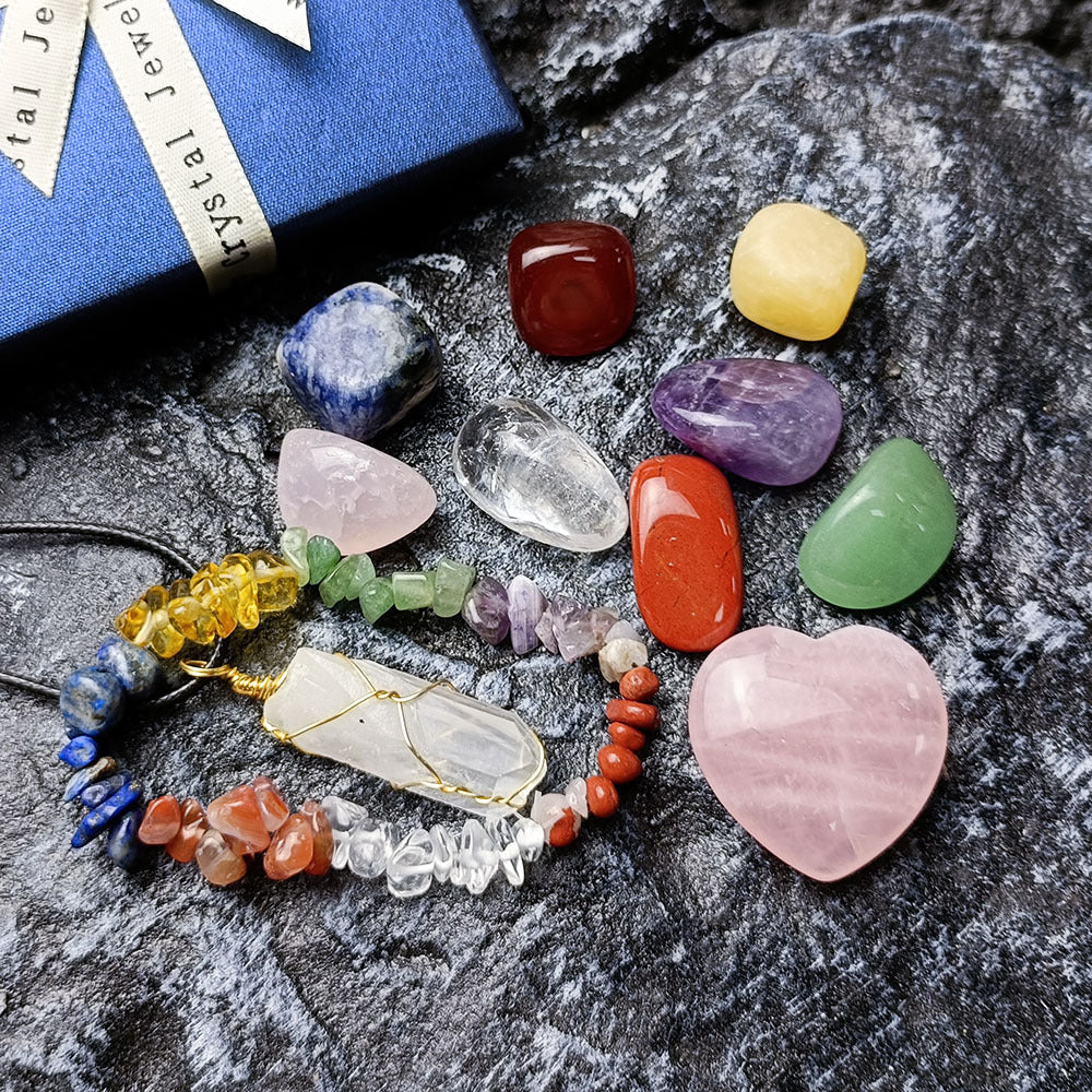 Healing Crystal Set with Rose Quartz Heart, Chakra Bracelet, and Tumbled Gemstones for Spiritual Healing, Meditation, and Energy Balancing