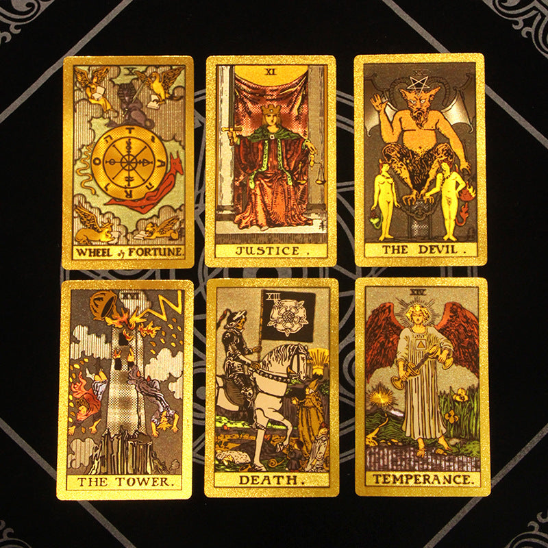 Waterproof Gold Foil Tarot Deck for Luxurious and Durable Divination - 78 Card Set with Classic Designs and Guidebook