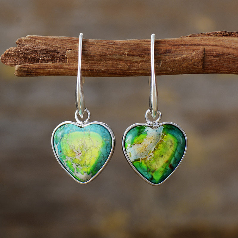 Vibrant Heart-Shaped Gemstone Earrings with Silver and Gold Accents for Emotional Healing and Energy Balance