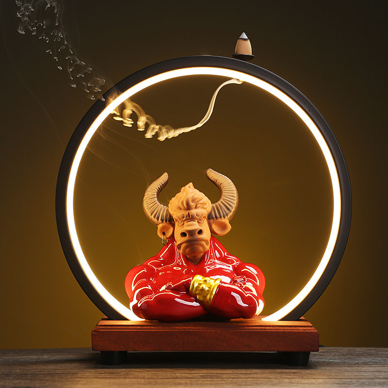 Zen Circle Incense Burner with LED Light and Feng Shui Rabbit Ornament – Spiritual Decor for Meditation and Relaxation