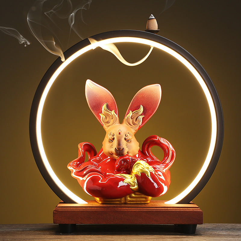 Zen Circle Incense Burner with LED Light and Feng Shui Rabbit Ornament – Spiritual Decor for Meditation and Relaxation