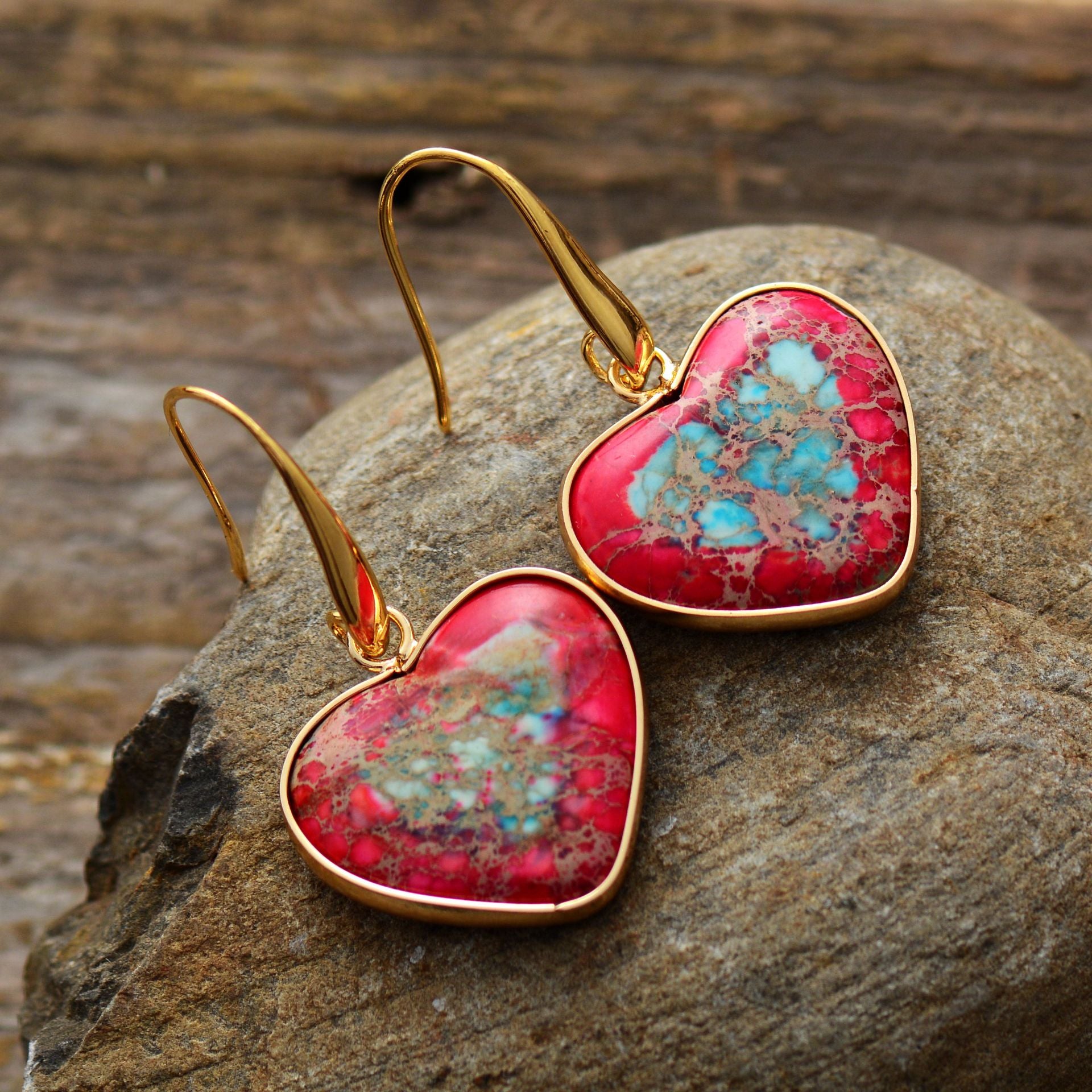 Multicolored Heart-Shaped Jasper and Turquoise Gold-Plated Earrings for Spiritual Love, Healing, and Protection