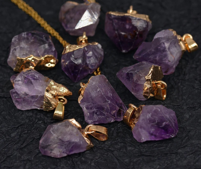 Raw Amethyst Crystal Pendant Necklace for Healing and Spiritual Awakening with Gold Accents