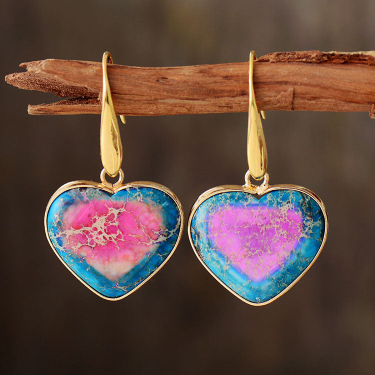 Multicolored Heart-Shaped Jasper and Turquoise Gold-Plated Earrings for Spiritual Love, Healing, and Protection