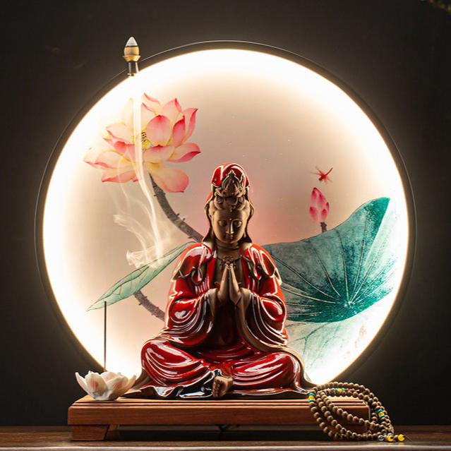 Lotus Blossom Kuan Yin Incense Burner with Backflow Smoke and LED Light Circle for Spiritual Decor