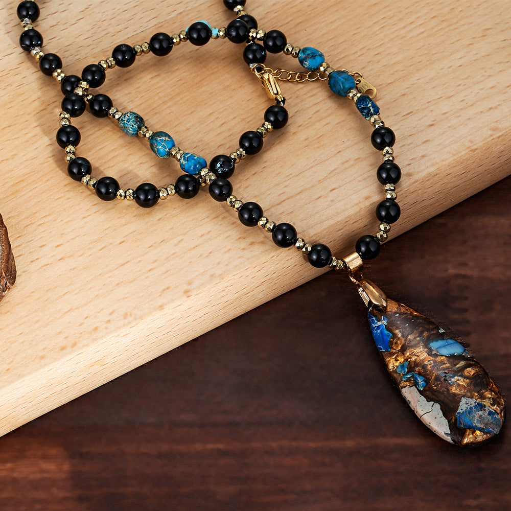 Handcrafted Black and Blue Gemstone Necklace with Large Teardrop Pendant for Protection and Spiritual Healing