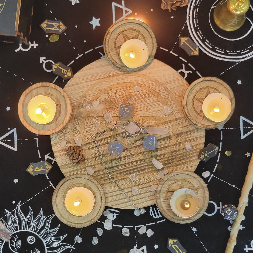 Handcrafted Wooden Pentacle Candle Holder and Crystal Grid Set for Rituals, Meditation, and Spiritual Healing