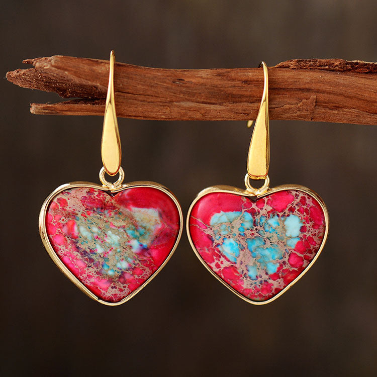 Multicolored Heart-Shaped Jasper and Turquoise Gold-Plated Earrings for Spiritual Love, Healing, and Protection