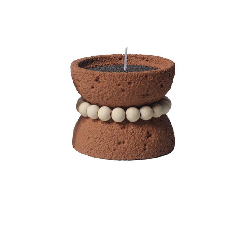 Rustic Textured Candle Bowl with Natural Wood Beads - Handcrafted Spiritual Decor