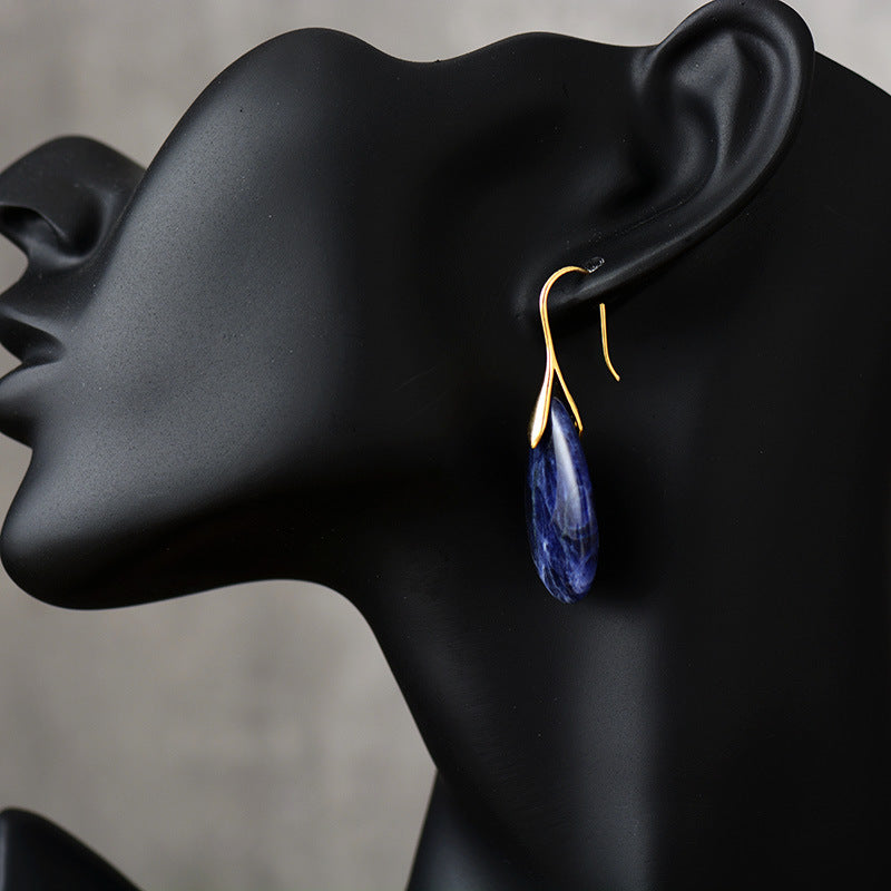 Teardrop Blue Gemstone Earrings with Silver and Gold Accents for Spiritual Calm and Clarity