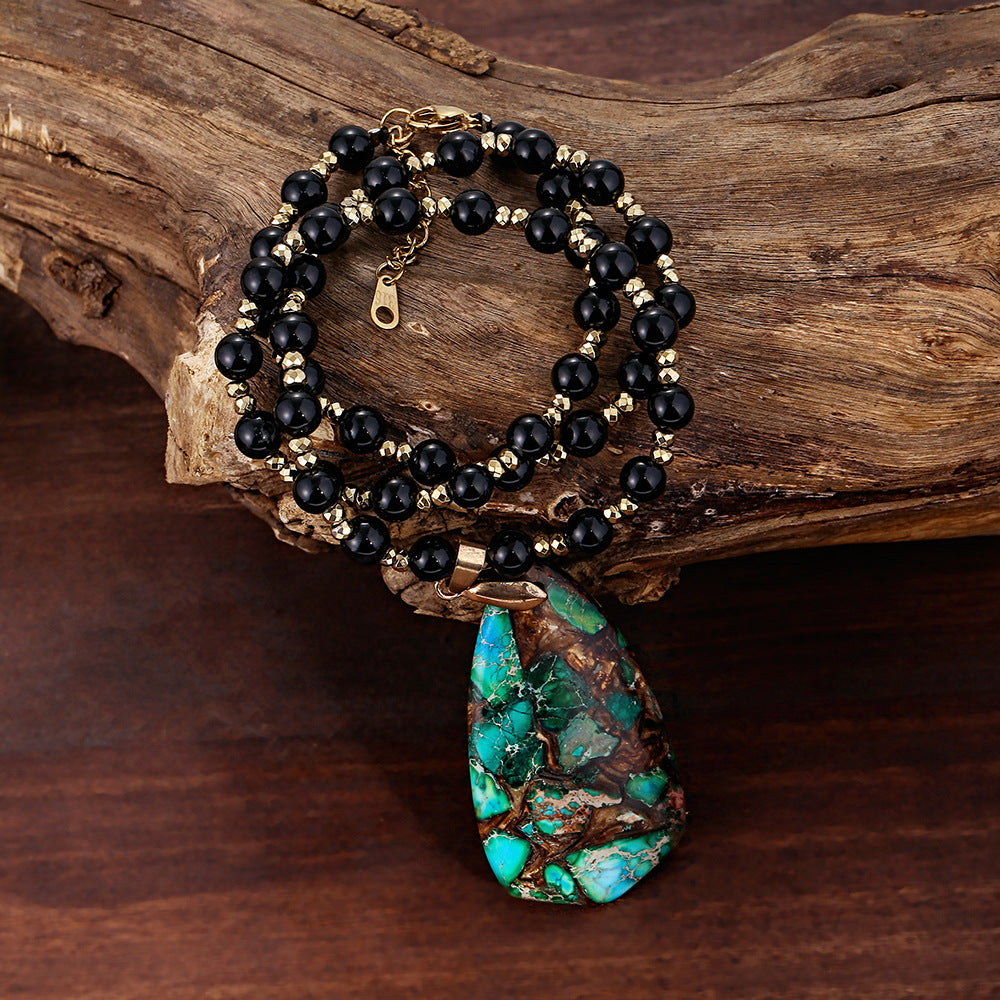 Handcrafted Black Bead Necklace with Multicolored Turquoise Pendant for Grounding and Protection