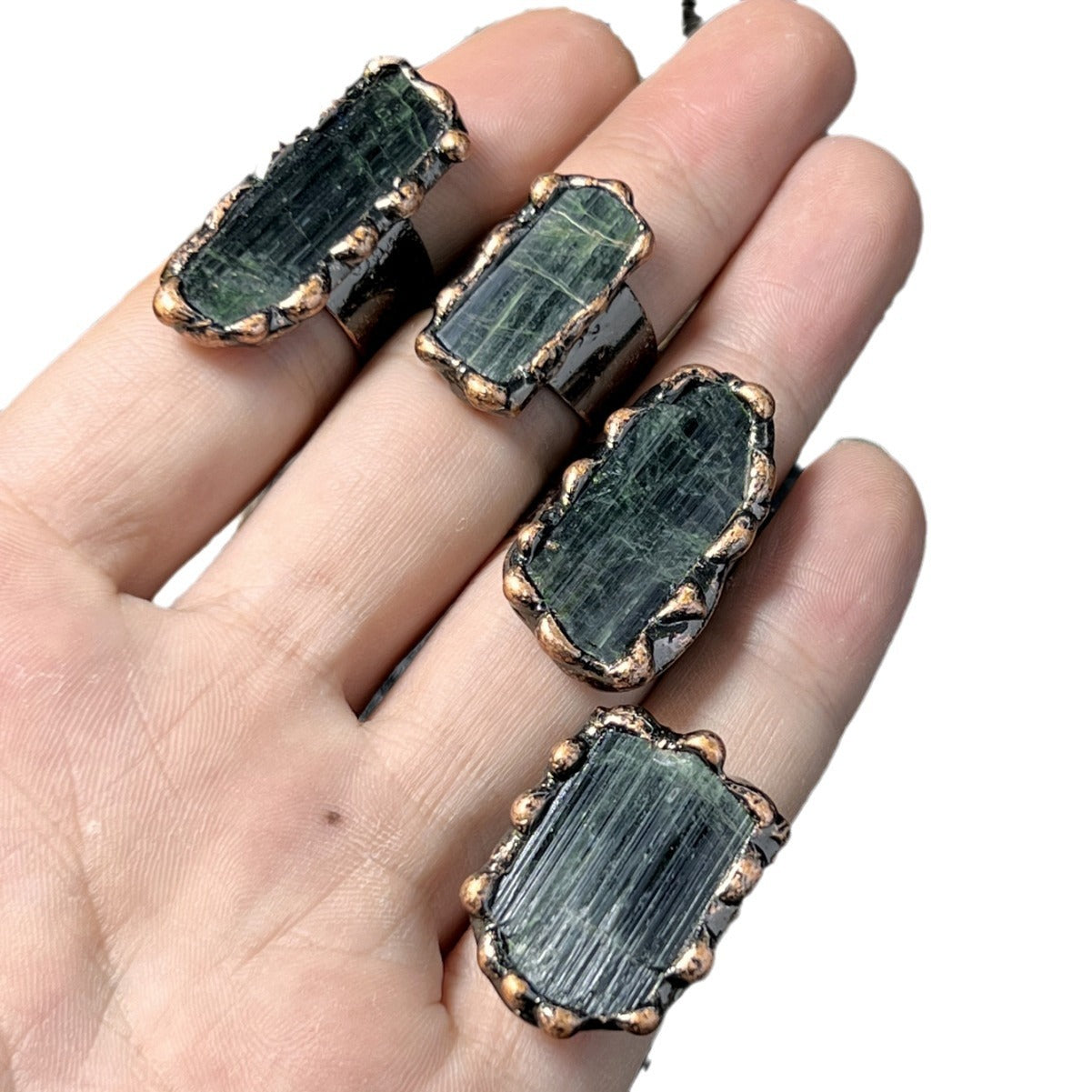 Raw Green Tourmaline Crystal Protection Ring with Adjustable Copper Band for Energy Cleansing and Grounding