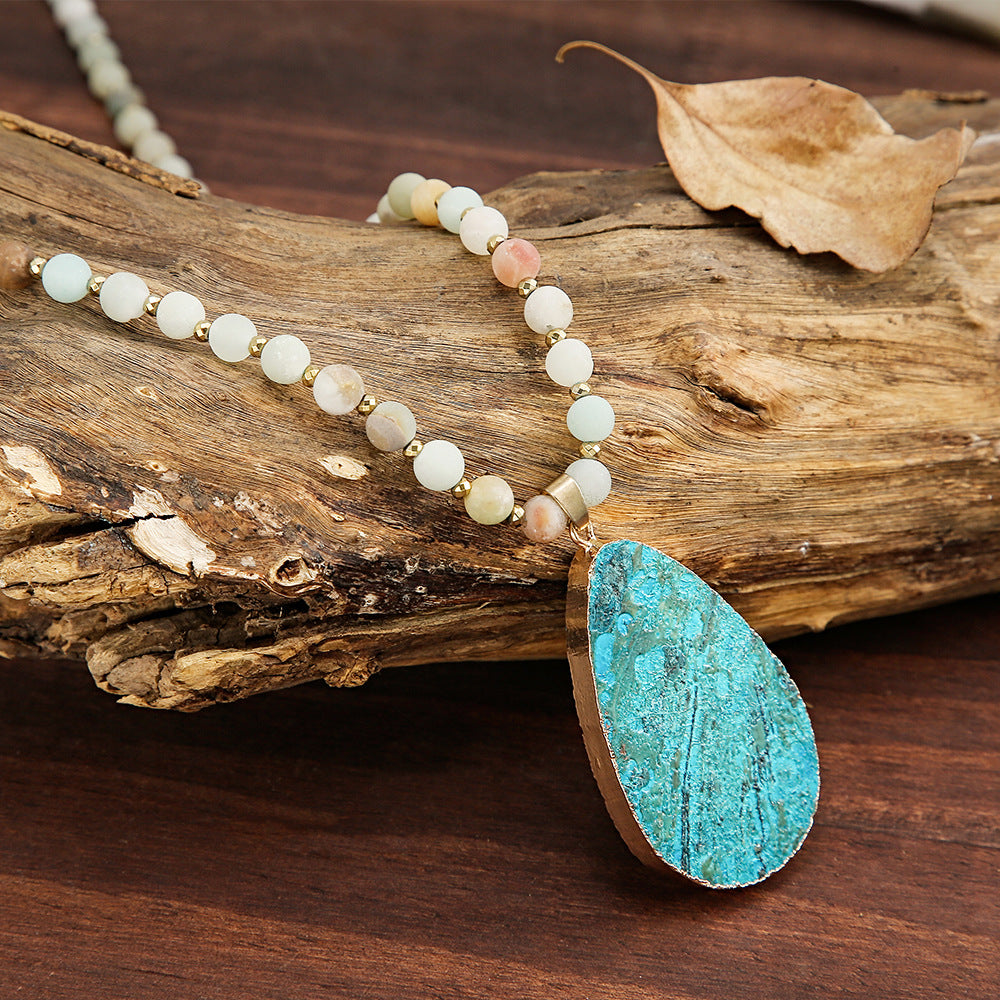 Long Healing Gemstone Necklace with Teardrop Turquoise Pendant for Spiritual Alignment"