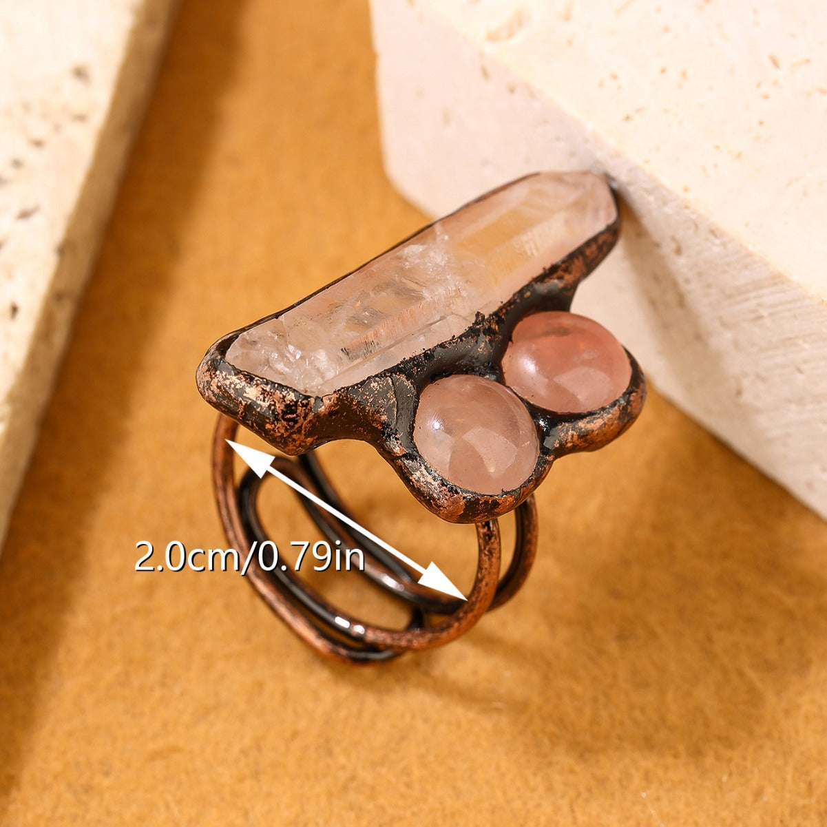 Raw Quartz and Rose Quartz Crystal Healing Copper Ring – Spiritual Energy Jewelry