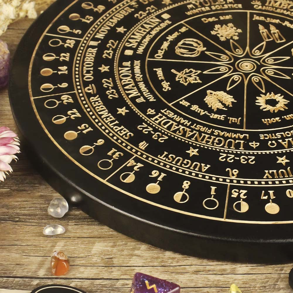 Wiccan Wheel of the Year Ritual Calendar – Handcrafted Sabbat and Lunar Phase Altar Plate for Pagan Celebrations