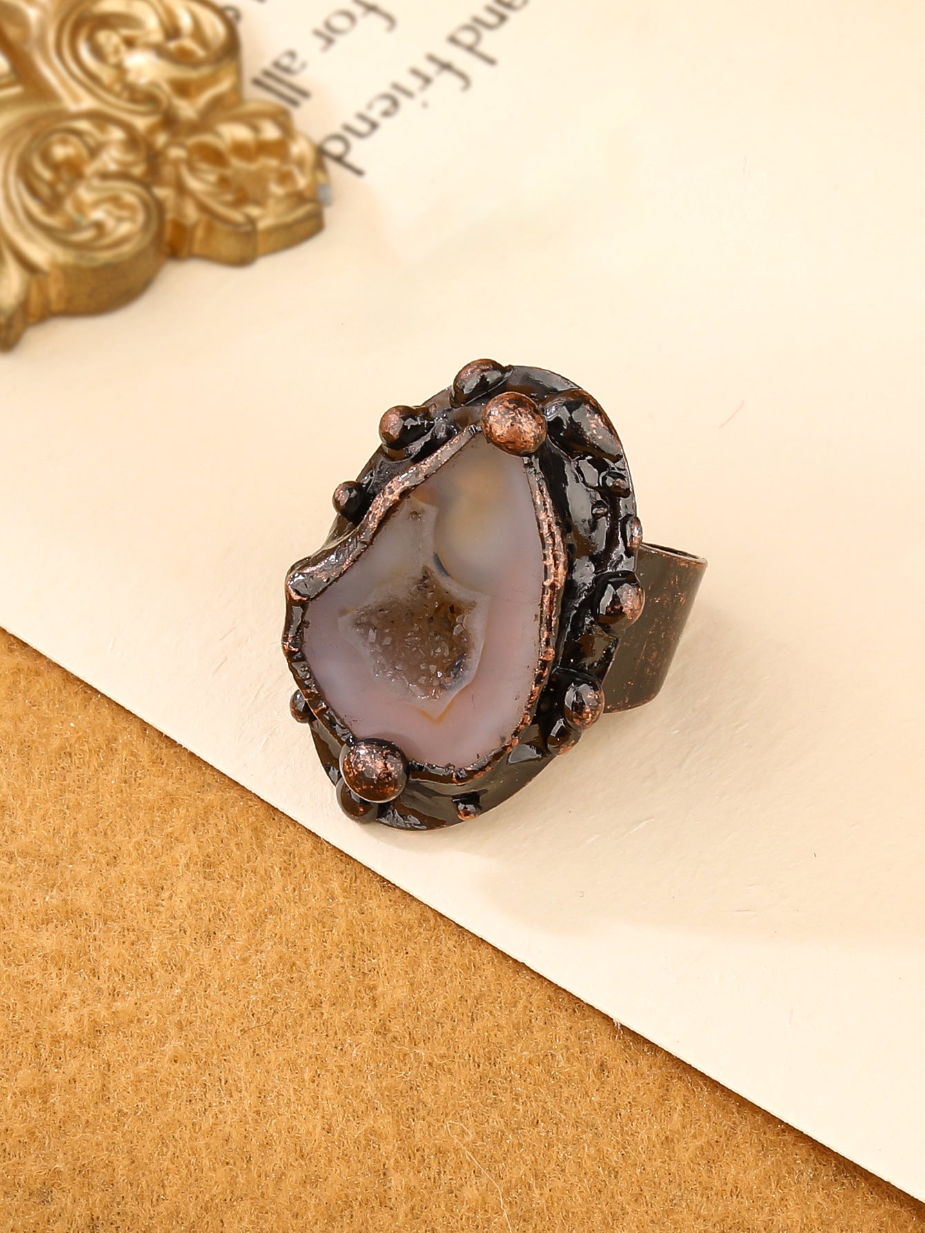 Black Agate Geode Ring with Copper Electroformed Setting for Grounding and Protection  "