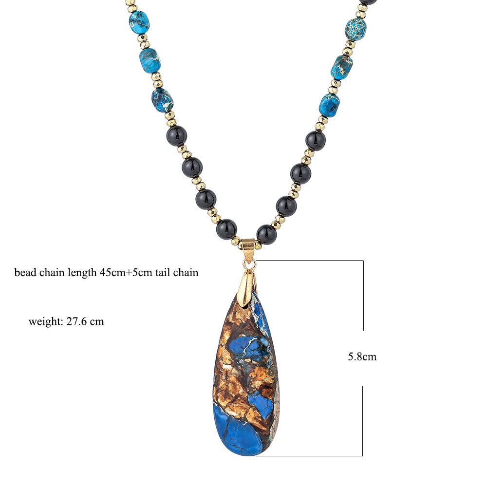 Handcrafted Black and Blue Gemstone Necklace with Large Teardrop Pendant for Protection and Spiritual Healing