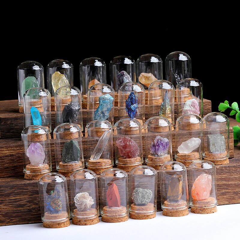 Exquisite Crystal Display Set in Glass Domes with Cork Base. Collection for Spiritual Healing and Energy Balancing