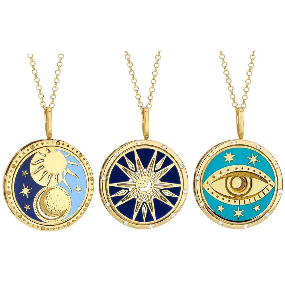 Golden Celestial Pendant Necklace Collection – Sun, Moon, and Evil Eye Designs