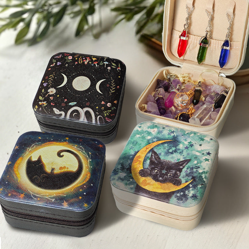 Cat-Themed Jewelry Travel Case with Moon and Stars Design for Crystals and Spiritual Accessories