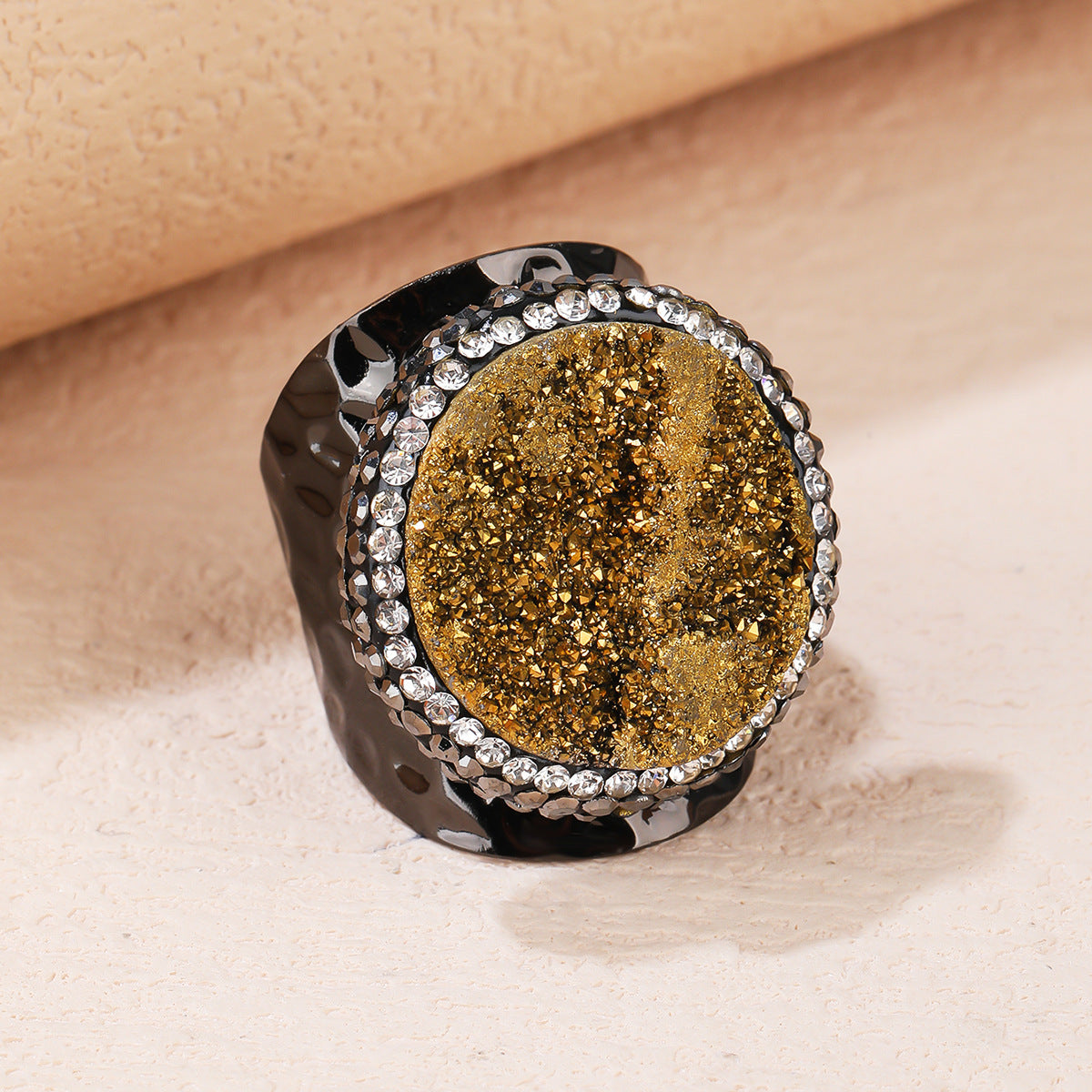 Golden Sparkle Druzy Crystal Statement Ring with Black Finish