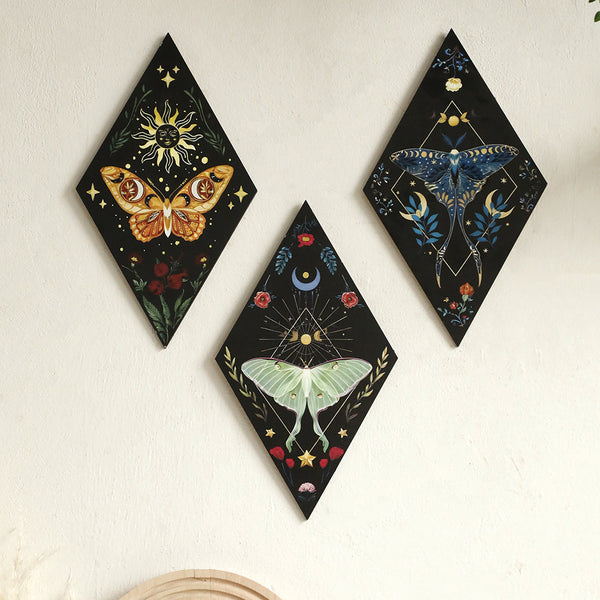 Mystical Moth and Moon Wall Art Set - Celestial Boho Decor