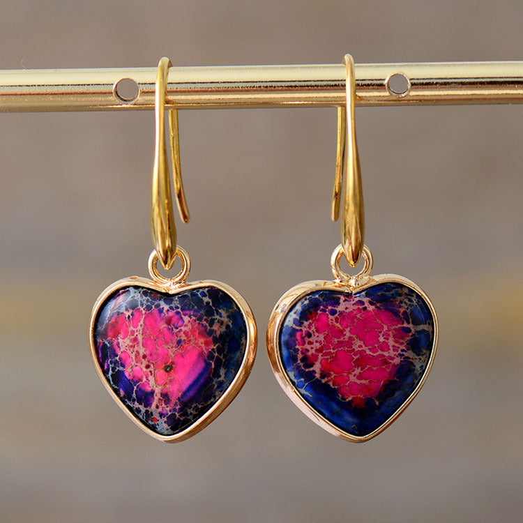 Heart-Shaped Gemstone Drop Earrings with Gold Accents for Spiritual Love and Energy Balancing