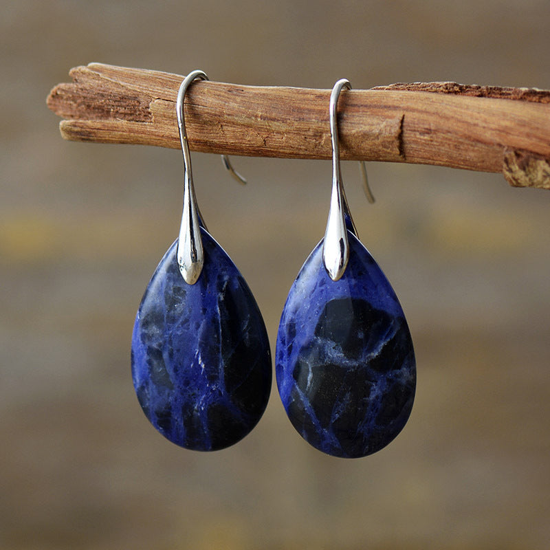 Teardrop Blue Gemstone Earrings with Silver and Gold Accents for Spiritual Calm and Clarity