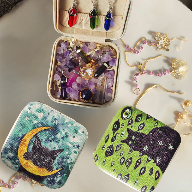 Cat-Themed Jewelry Travel Case with Moon and Stars Design for Crystals and Spiritual Accessories