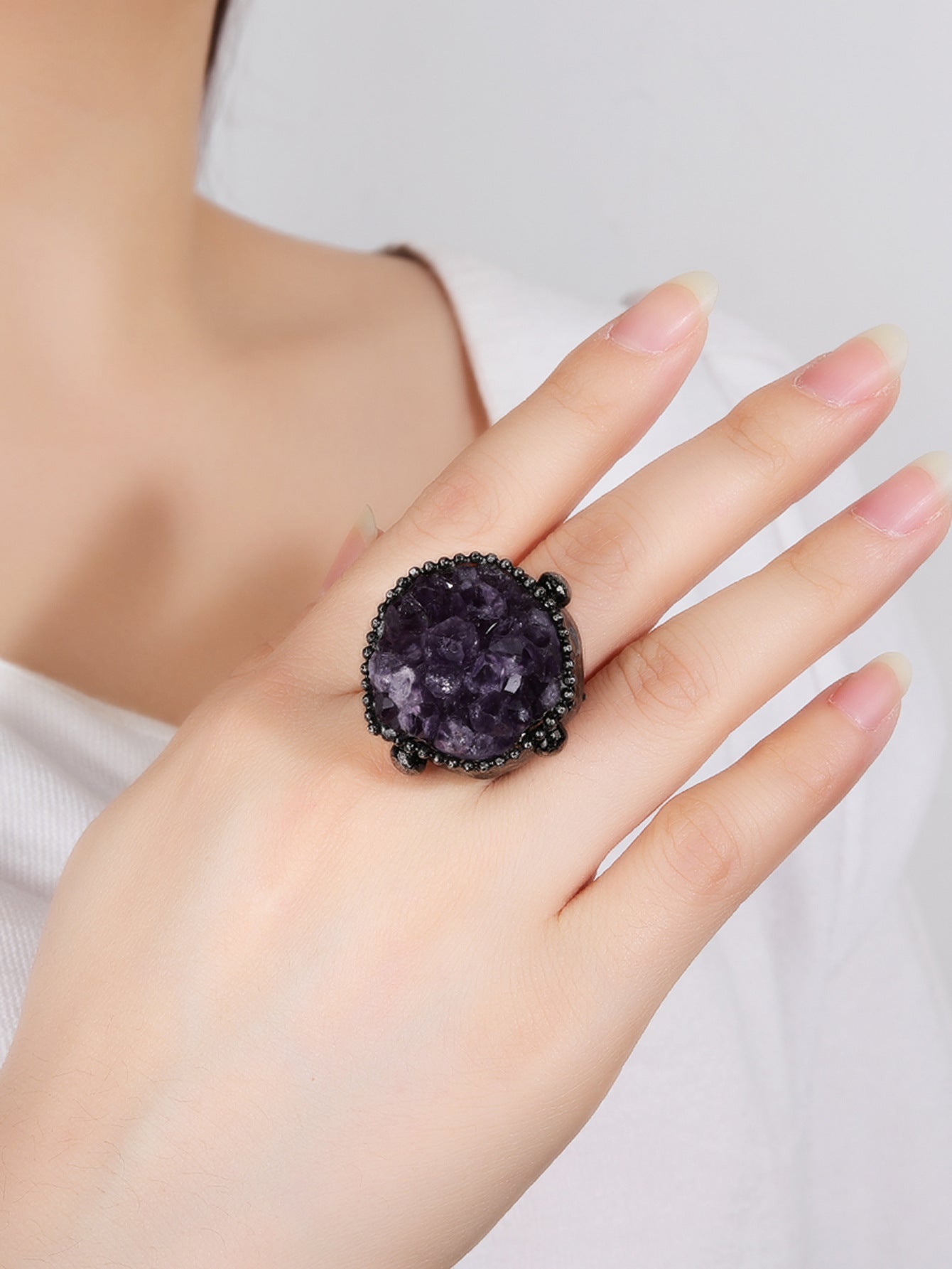 Luxurious Amethyst Cluster Statement Ring with Adjustable Black Metal Band for Spiritual Protection and Emotional Healin