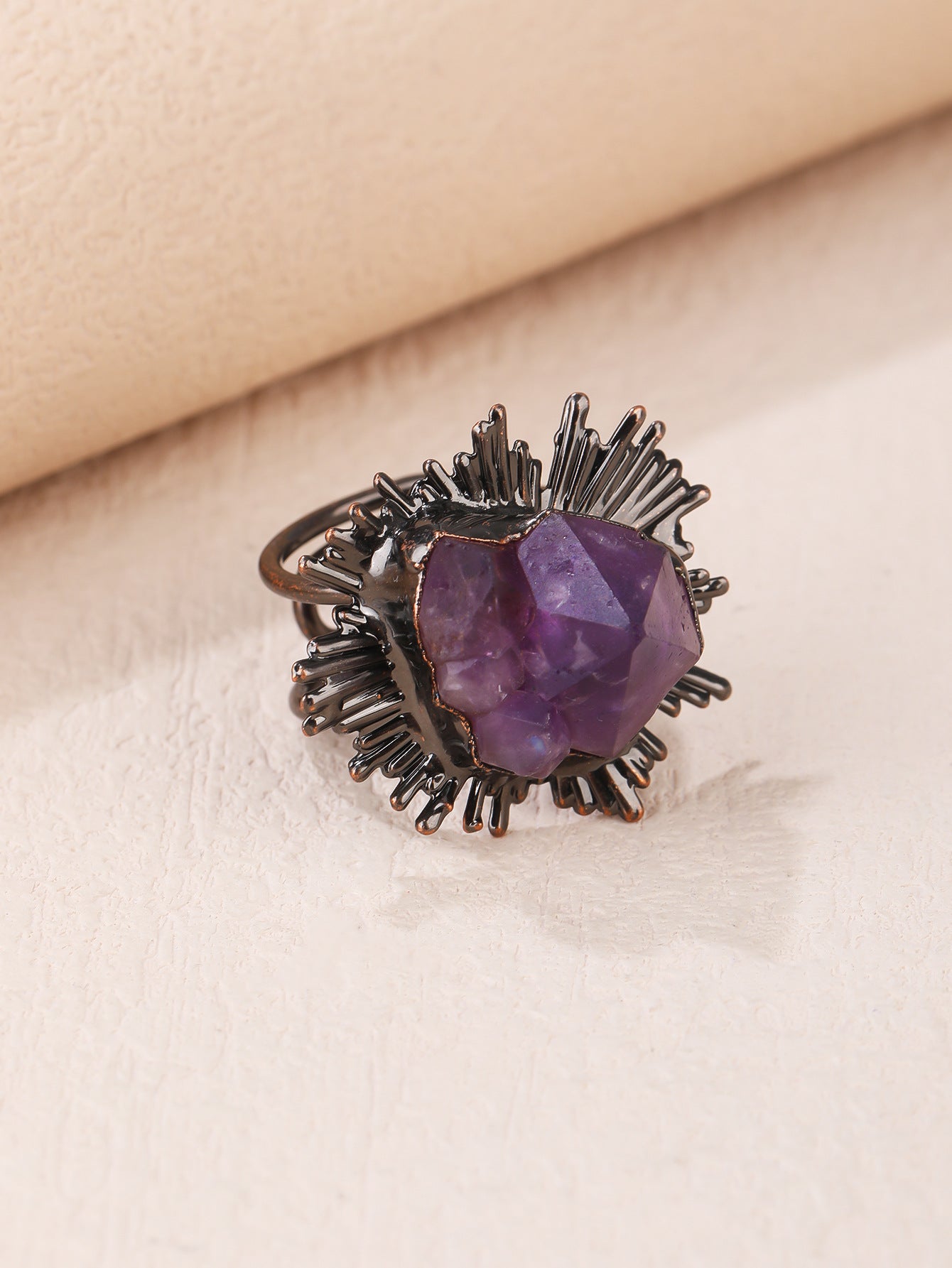 Bold Amethyst Sunburst Crystal Ring with Black Electroformed Setting for Spiritual Protection and Inner Strength