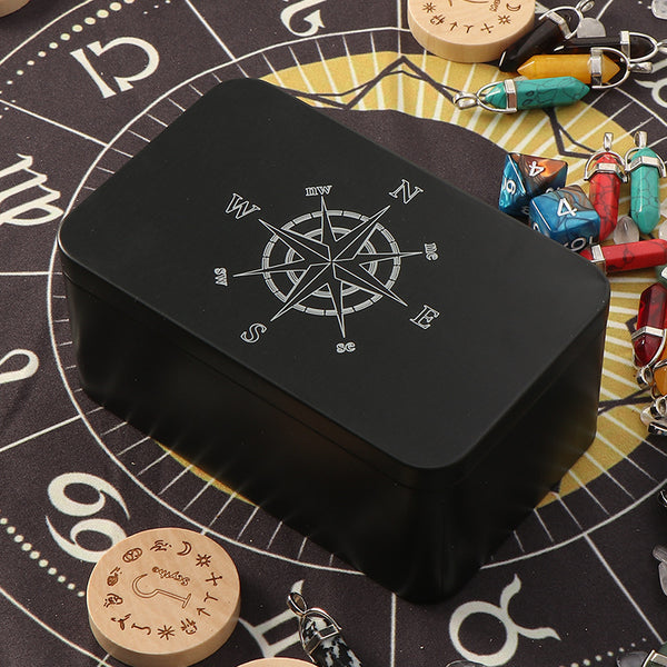 Premium Black Metal Storage Box with Intricate Engraved Compass Design – Ideal for Safely Storing Tarot Cards, Crystals, Runes, and Sacred Spiritual Tools