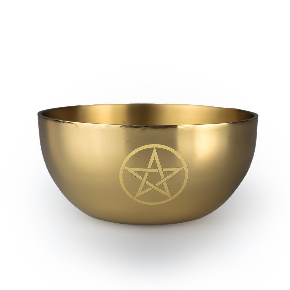 Golden Brass Ritual Bowl with Triple Moon and Pentacle Symbols for Spiritual Cleansing, Offering, and Meditation - Altar and Ritual Decor