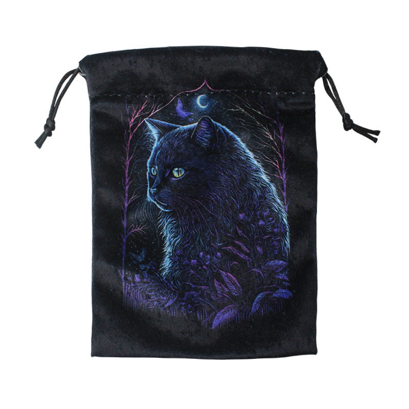 Mystical Black Cat Tarot and Crystal Drawstring Pouch Collection for Spiritual Storage and Protection