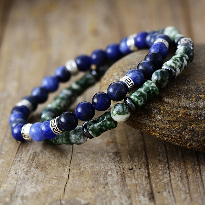 Sodalite and Green Jasper Dual Energy Bracelet for Spiritual Wisdom and Grounding Protection