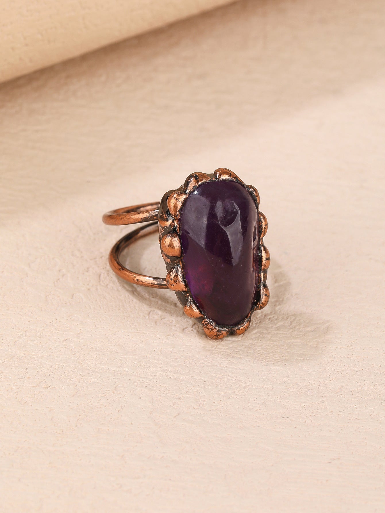 Antique Amethyst Cabochon Ring with Rustic Copper Band for Calmness, Protection, and Spiritual Awareness