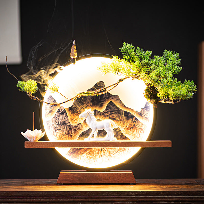 Mountain Serenity LED Incense Burner – Tranquil Backflow Holder with Horse Figurine and Bonsai Tree Decor