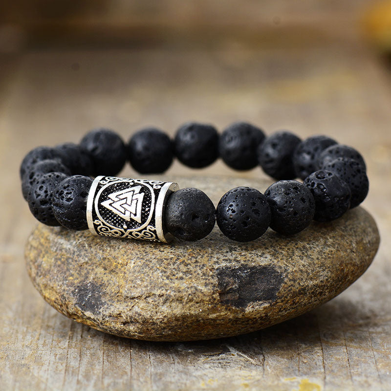 Lava Stone Protection Bracelet with Valknut Symbol