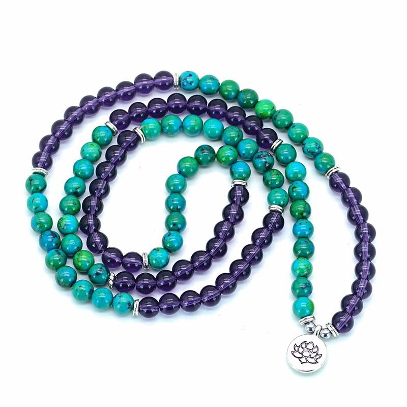 Amethyst and Turquoise Lotus Charm Healing Bead Necklace