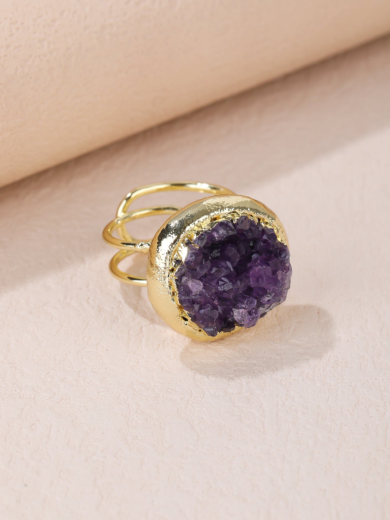 Amethyst Druzy Statement Ring with Gold Plating – Spiritual Healing Crystal Ring