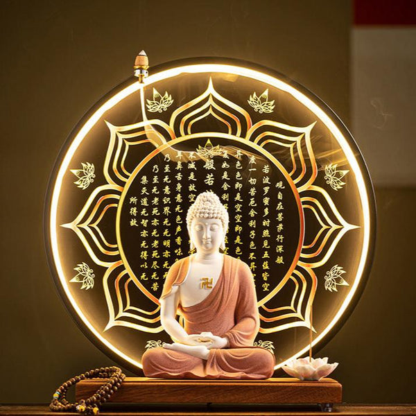 Enlightened Buddha Meditation Incense Burner with Illuminated Mantra Halo and Lotus Holder