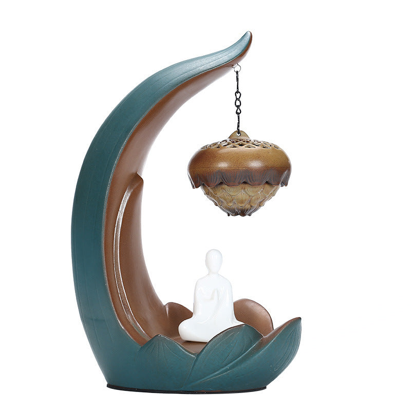 Elegant Lotus Blossom Hanging Incense Burner with Meditation Figure for Spiritual Serenity