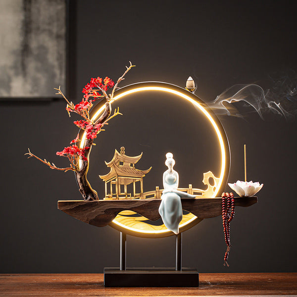 Serenity Zen Circle Backflow Incense Burner with Pagoda and Blossom Tree Design